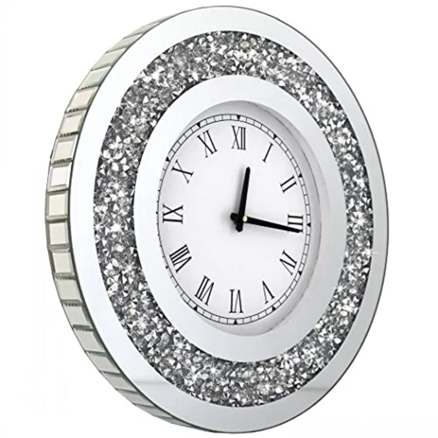 Silver Round Mirror Clock Crystal Sparkle Wall Decor
