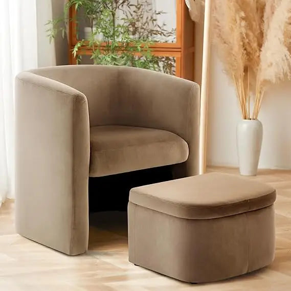 Upholstered Velvet Barrel Accent Chair With Storage Ottoman