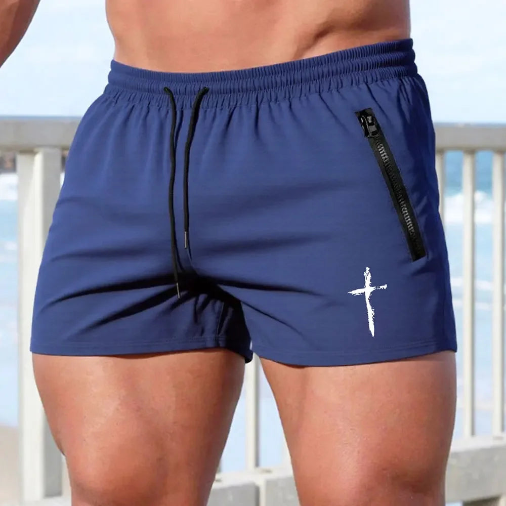 CN Men Cross Print Beach Shorts Quick Dry Zipper Pockets