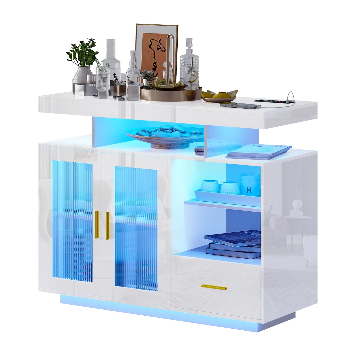 JDPAG LED Sideboard Buffet Cabinet With Storage And Charging Station