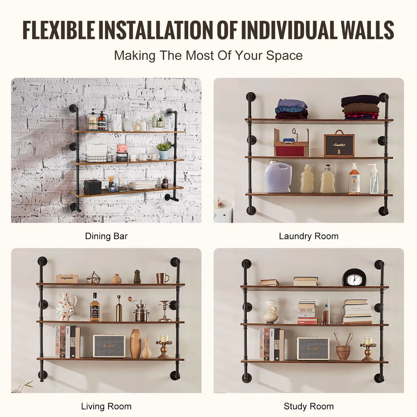 SucceBuy Industrial Pipe Shelving Wall Mount Wood Shelves