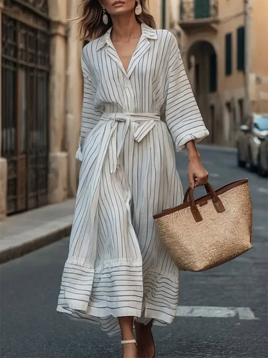 OSHOPLIVECN Women Formal A Line Shirt Dress Striped Long Sleeves