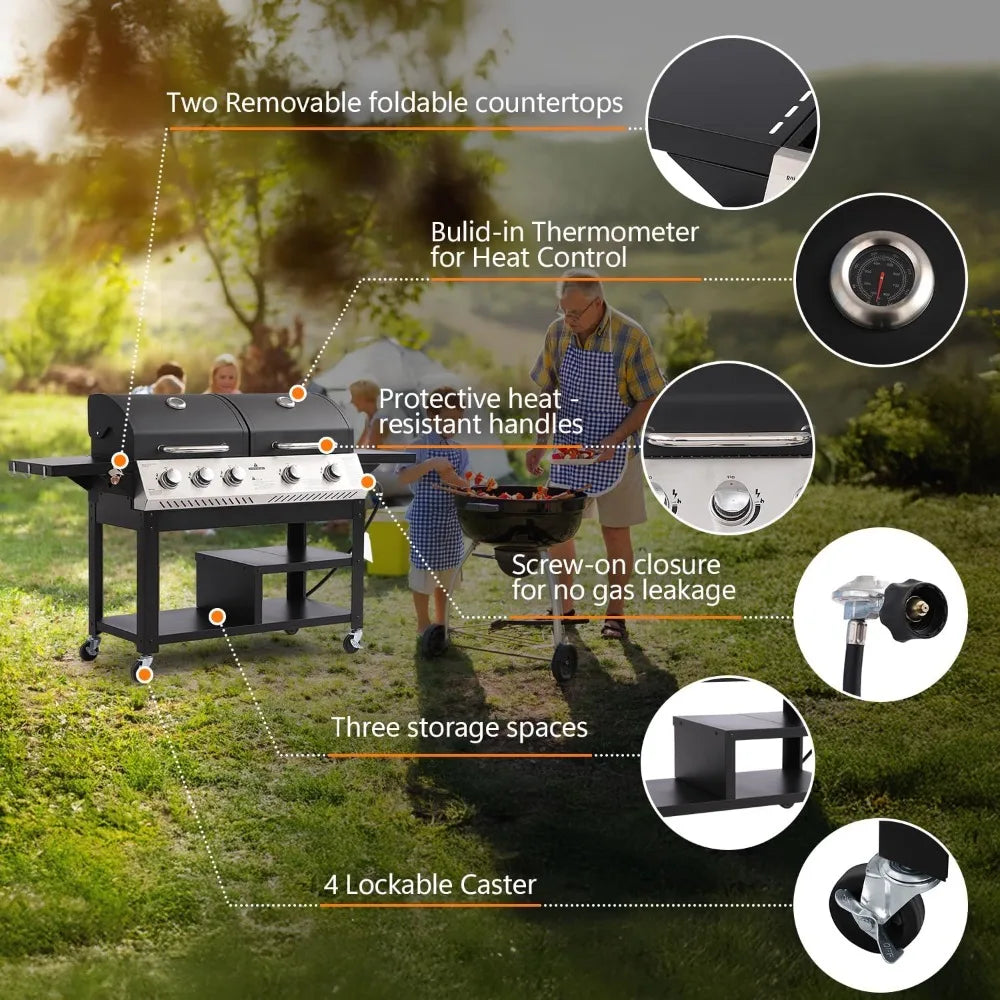 5 Burner Propane Gas Grill Griddle Combo Dual Zone BBQ