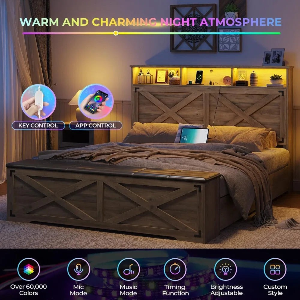 Angduo Farmhouse Bed Frame With Storage And Led Lights