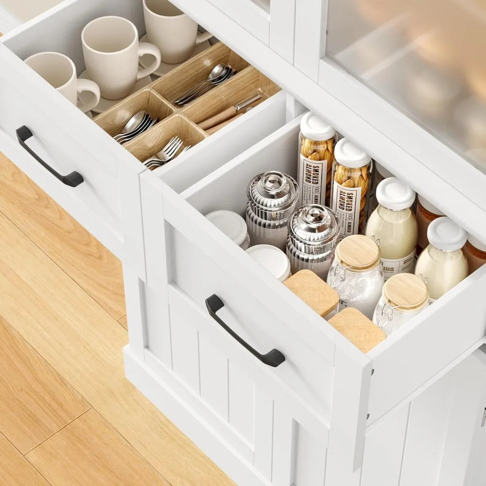 Kitchen Pantry Storage Cabinet With Frosted Glass Doors And Drawers