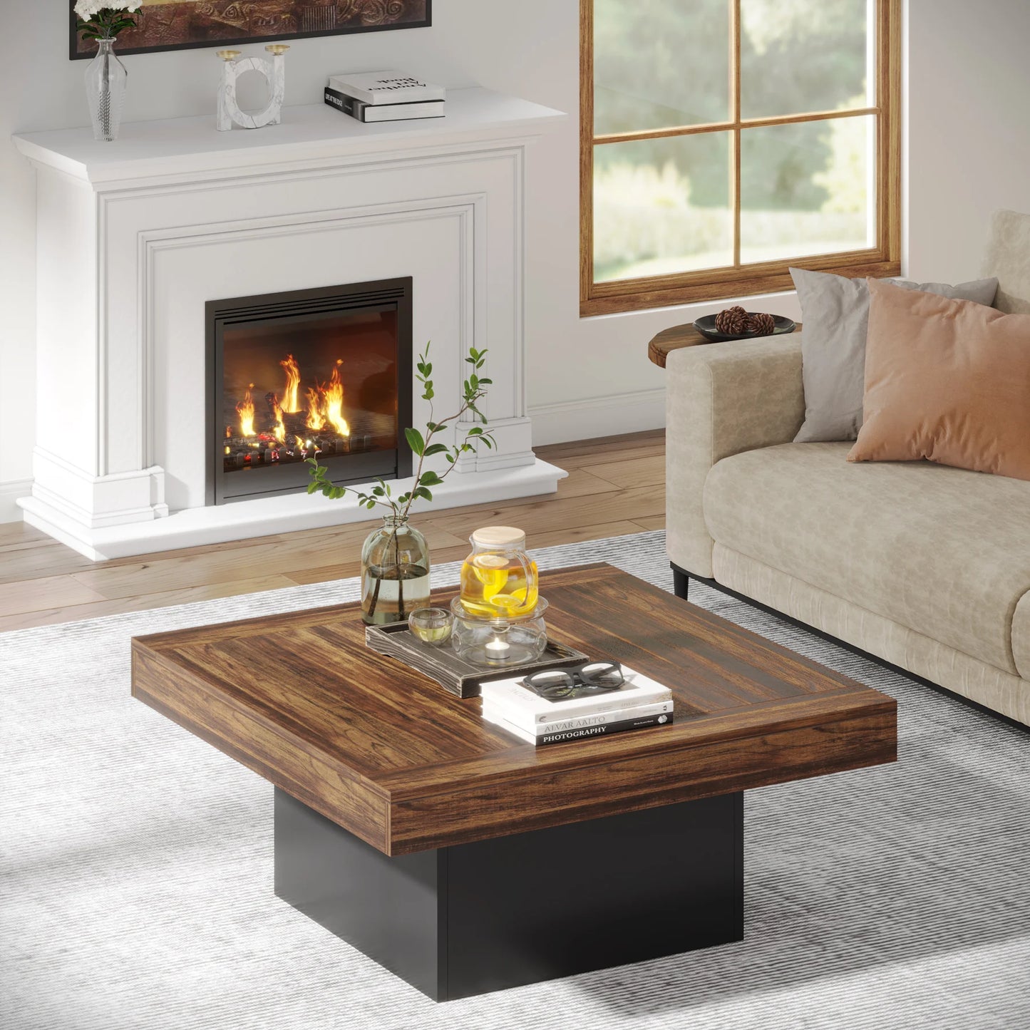Tribesigns LED Square Coffee Table Engineered Wood Living Room