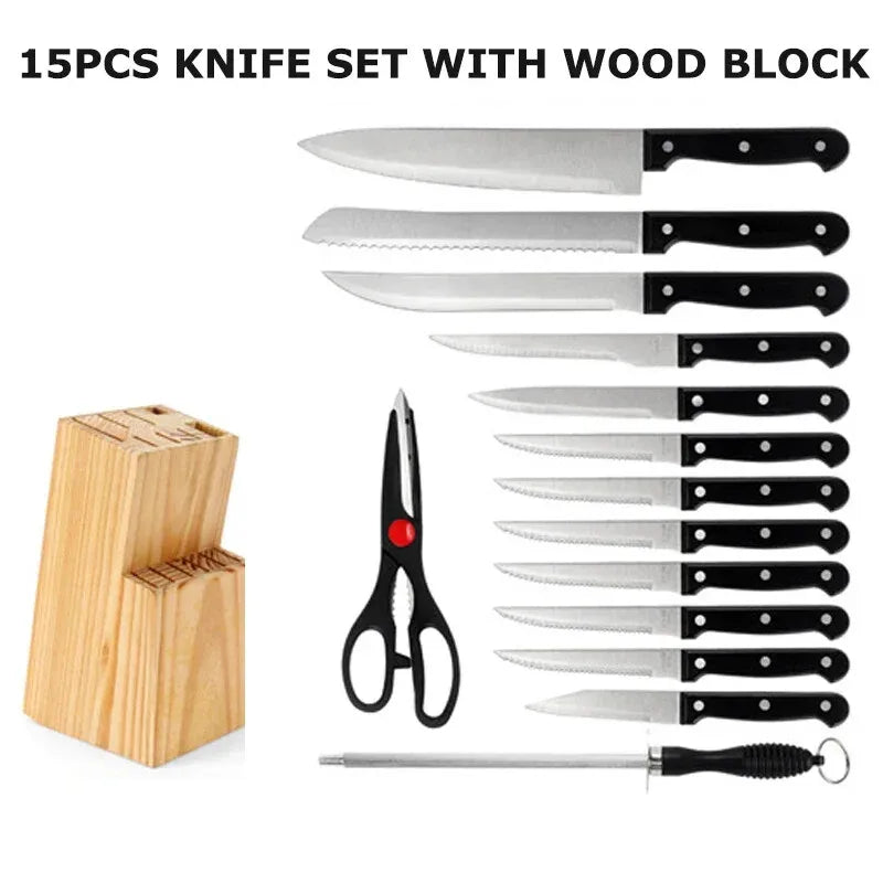 ZENG Kitchen Knife Set 15pcs With Solid Wood Holder