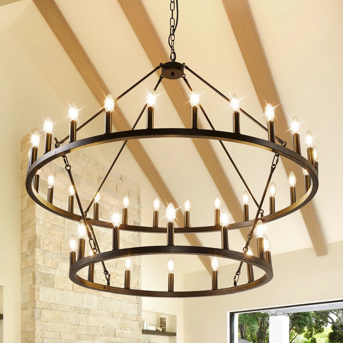 Farmhouse Wagon Wheel Chandelier Two Tier 36 Lights