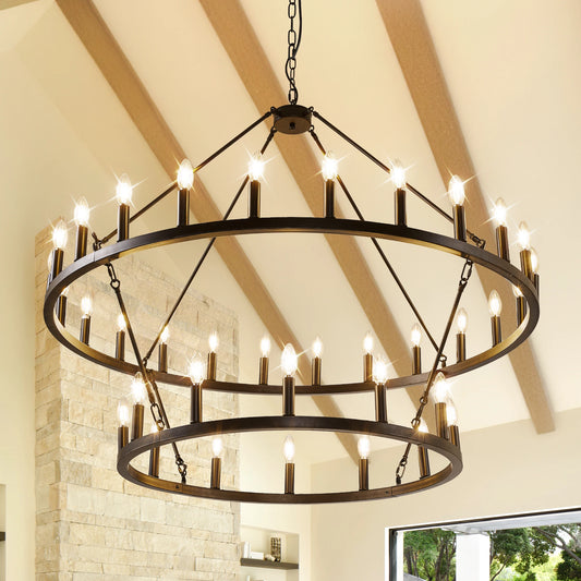 Farmhouse Wagon Wheel Chandelier Two Tier 36 Lights
