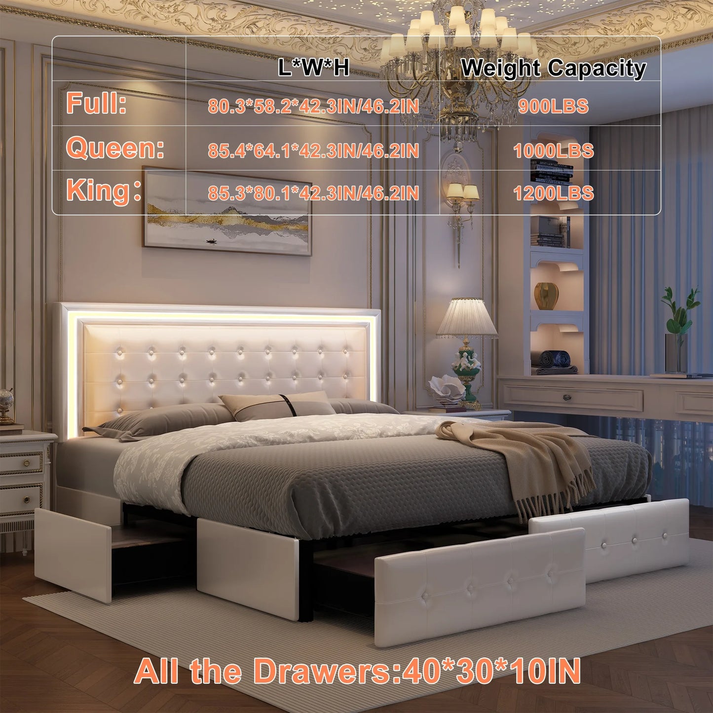 GEGOFORU Queen LED Bed Frame With 4 Storage Drawers Headboard