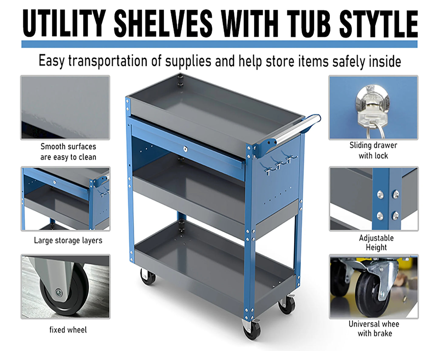 Hign-concerned Chemical Airaj 3 Tier Rolling Tool Cart With Pegboard