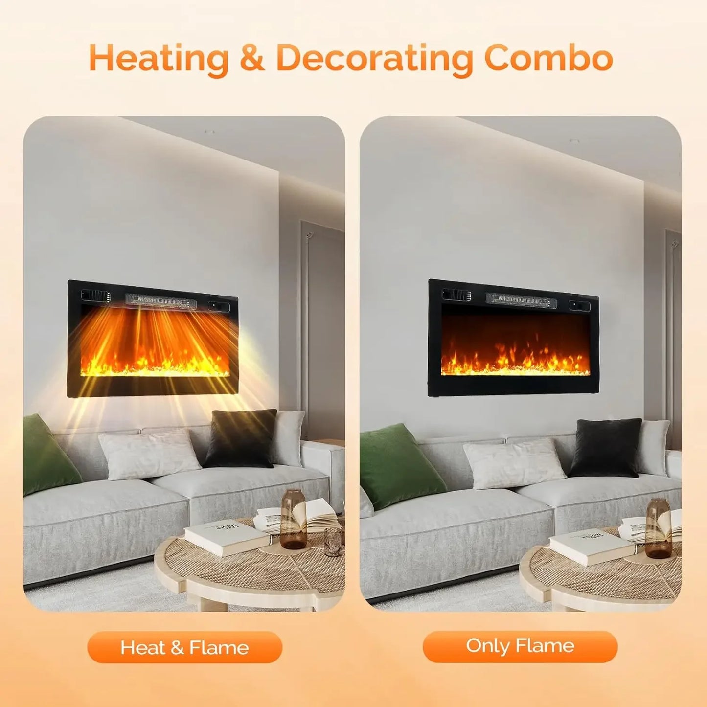 Electric Fireplace With Remote Control 12H Timer 1500W Wall Mounted Recessed