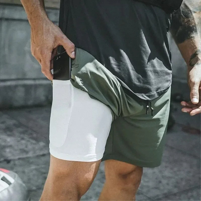 Double Layer Fitness Shorts For Men Quick Dry Training