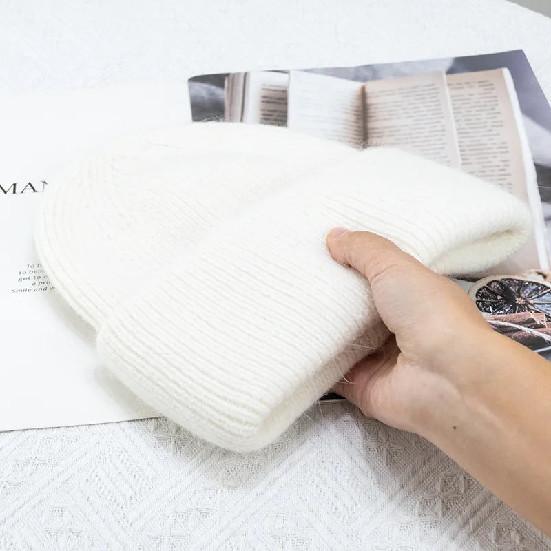 Warm Cashmere Wool Beanie With Rabbit Fur For Women Outdoor