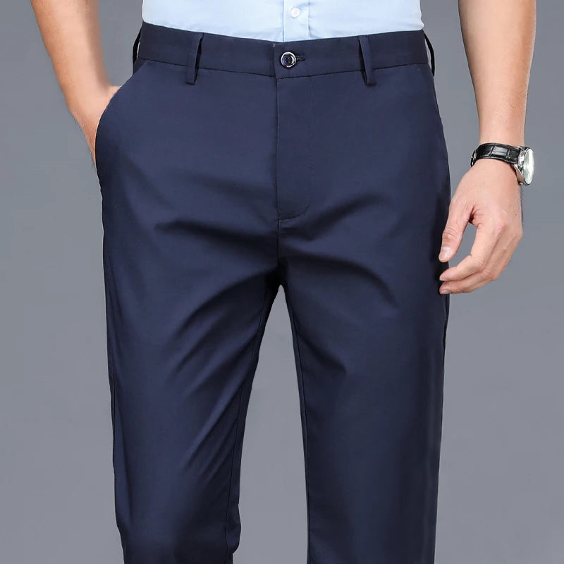 Mens Stretch Trousers Korean Straight Leg Office Quick Dry Pants