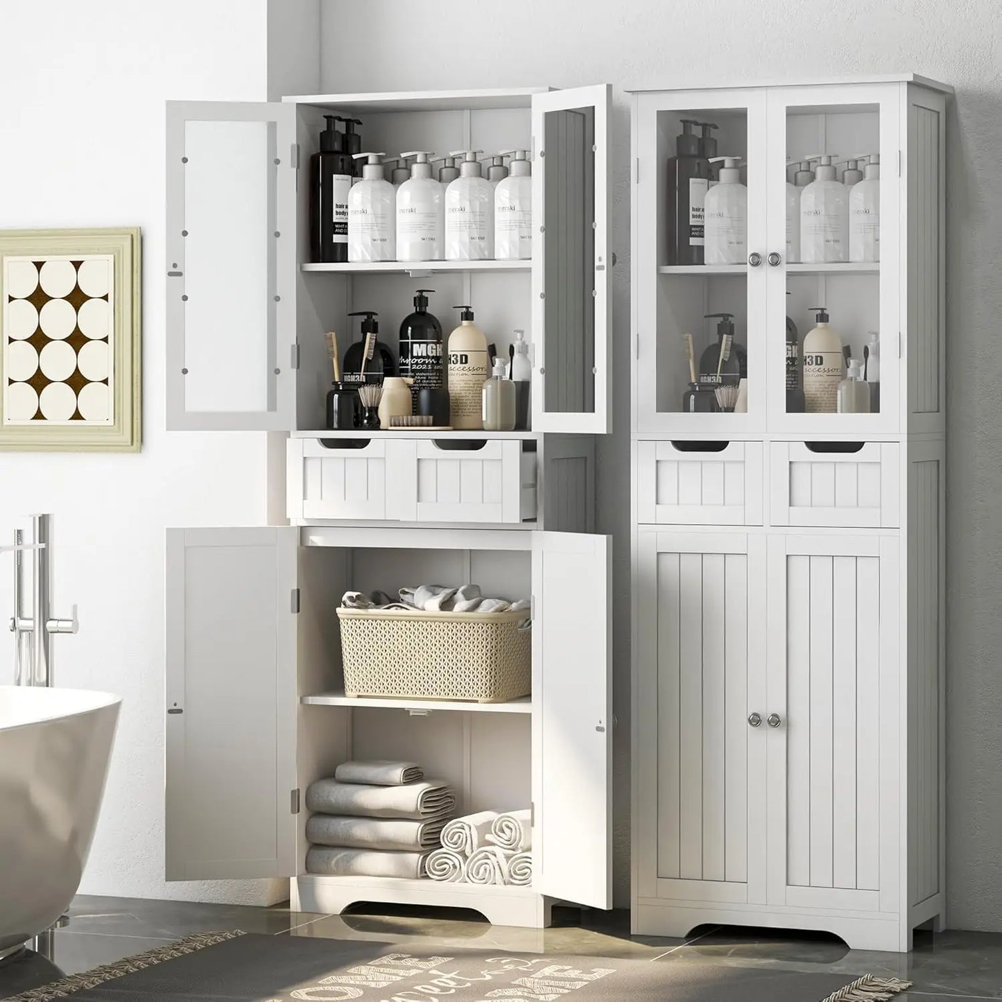 Freestanding Bathroom Storage Cabinet With Glass Doors And Shelves