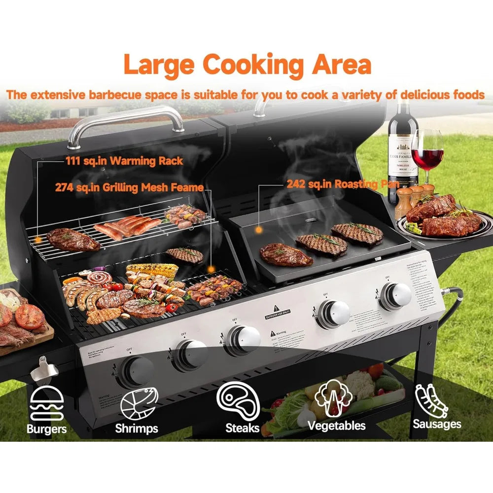 Propane Gas Grill 5-Burner 54000 BTU Porcelain-Enameled Cast Iron Grate