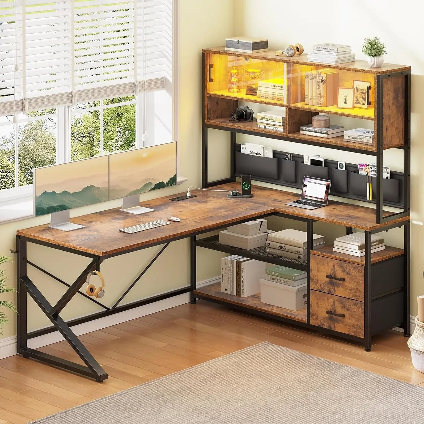 General Use L Shaped Gaming Desk With 2 Drawers Bookshelf