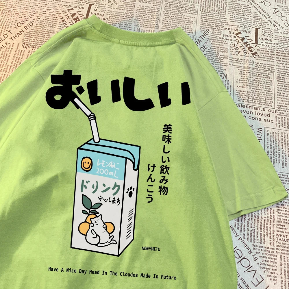 Hampson Lanqecn Cute Japanese Cat Print Tee Shirt Casual