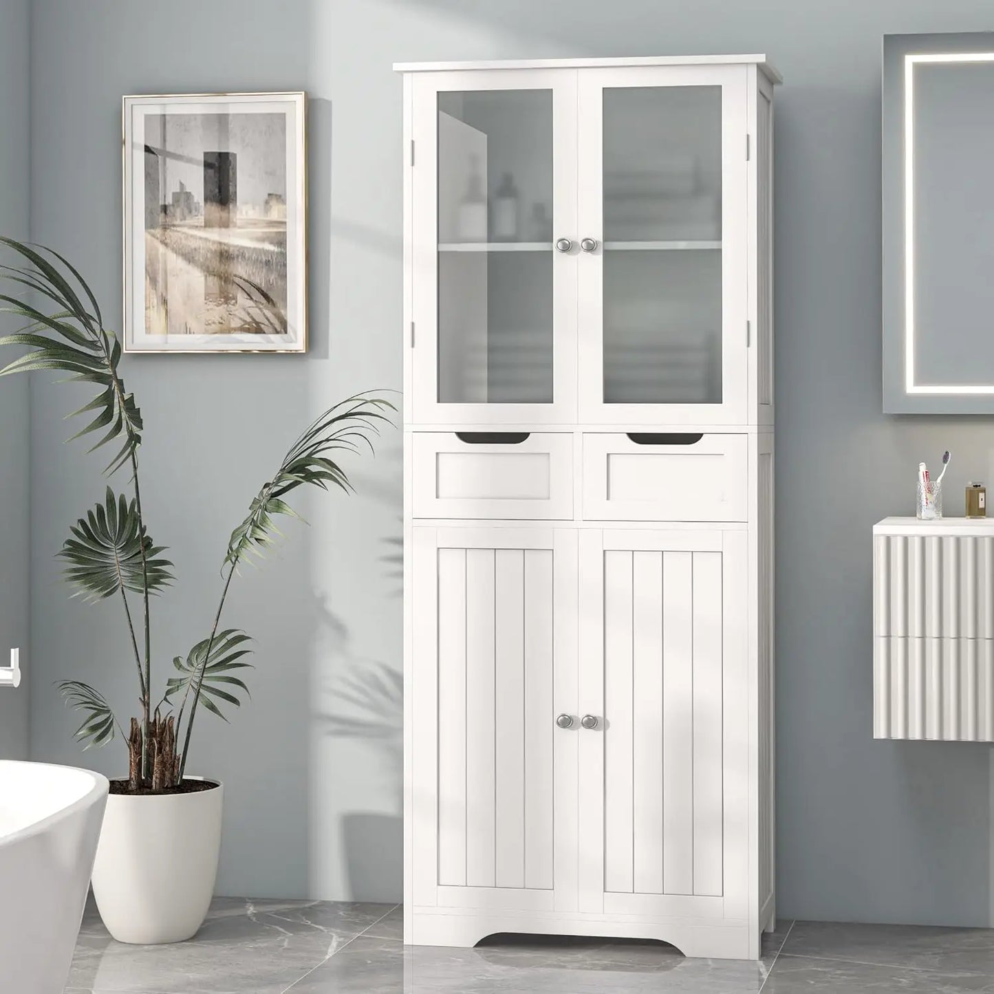 Freestanding Bathroom Storage Cabinet With Glass Doors And Shelves