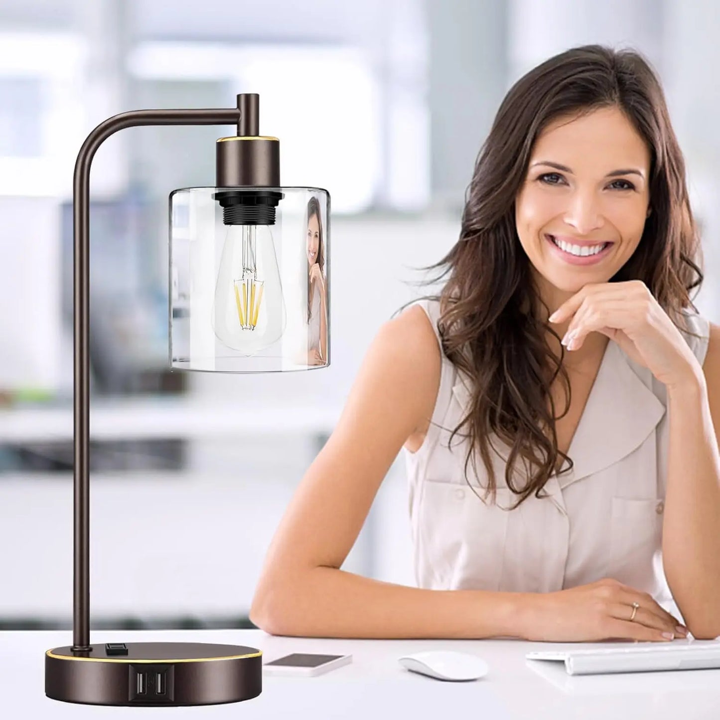 Industrial Touch Table Lamps Set Of 2 USB Ports AC Outlet