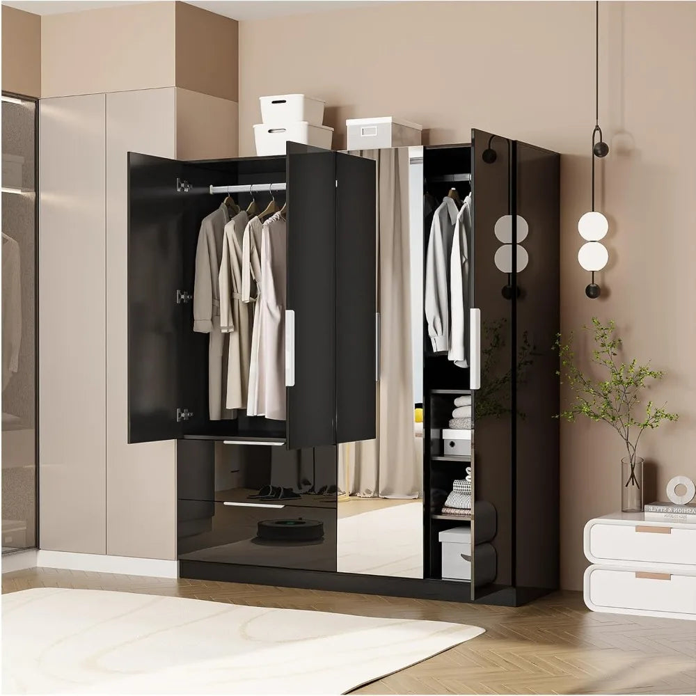 Ticify High Gloss Wardrobe With Mirror Four Doors Drawers