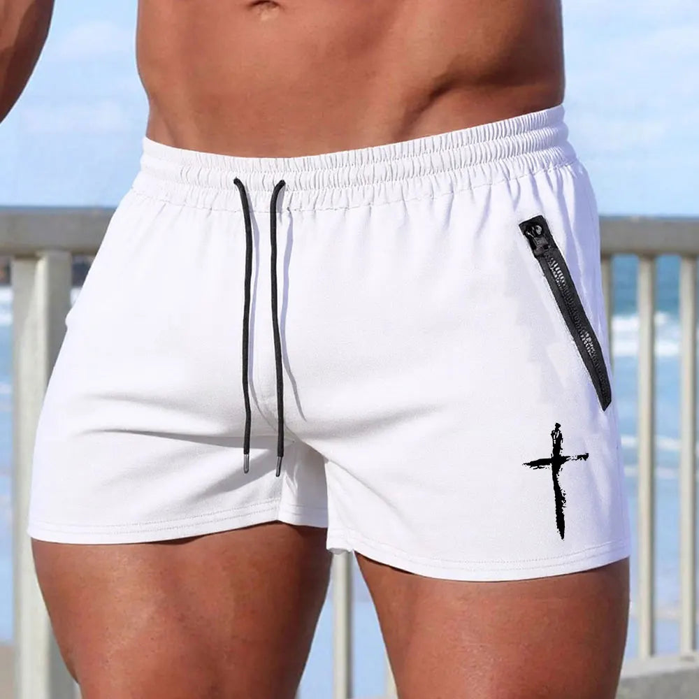 CN Men Cross Print Beach Shorts Quick Dry Zipper Pockets