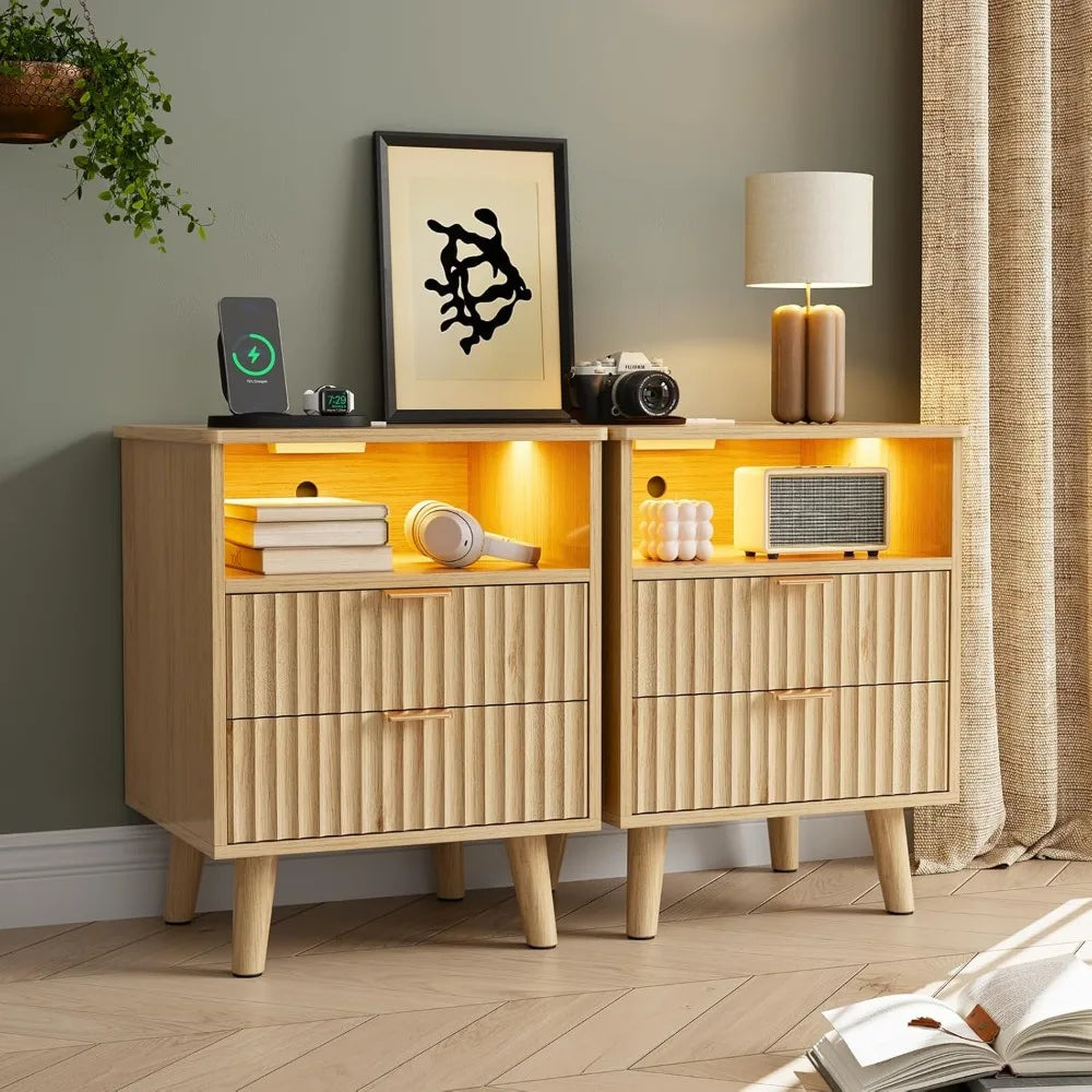 Color Nightstand With Charging Station And Fluted Panel