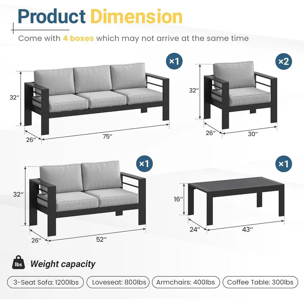 Weather Resistant Metal Patio Furniture Set With Deep Seating Armrests