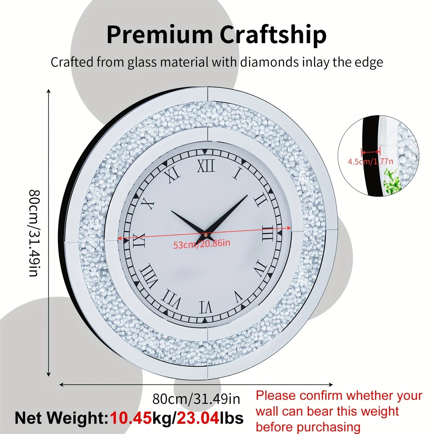 Wisfor Decorative Round Mirror Wall Clock With Crystal Sparkle Bling