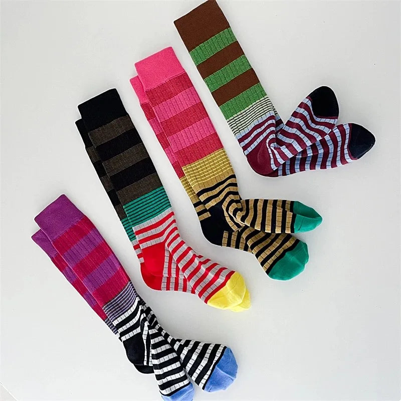 NONECN Gradient Striped Calf Socks Women Cotton High Tube