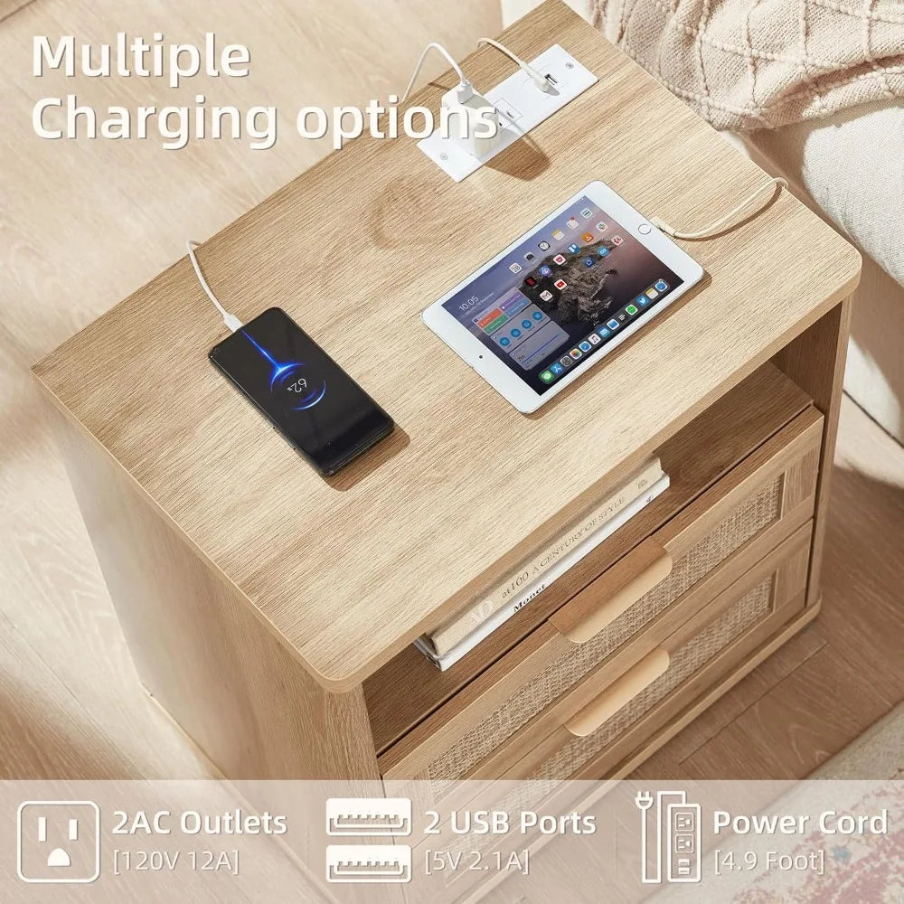 MKDK Rattan Nightstands Set Of 2 With Charger Station
