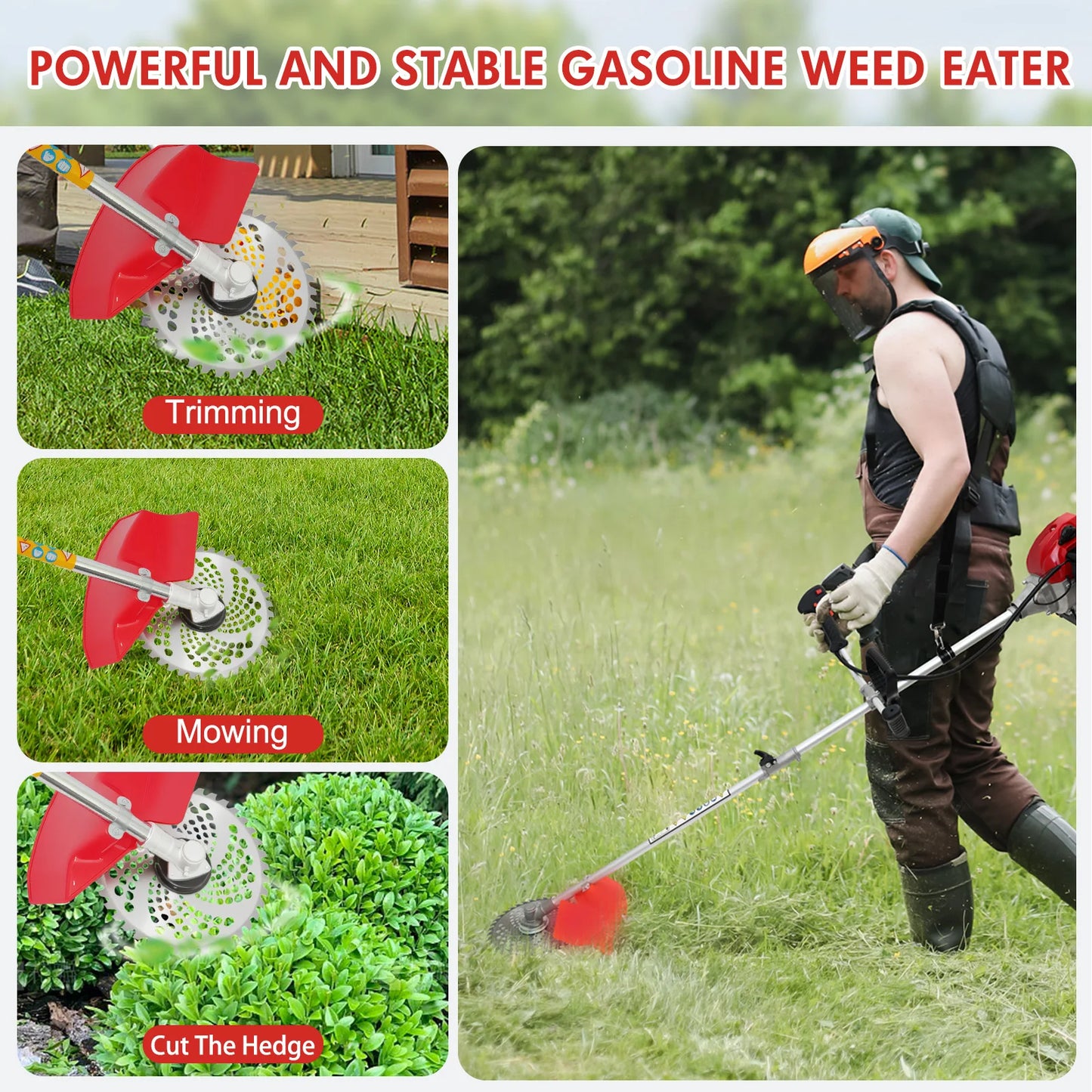 52cc 2-Stroke Gasoline Lawn Mower 4-In-1 System With Adjustable Shaft