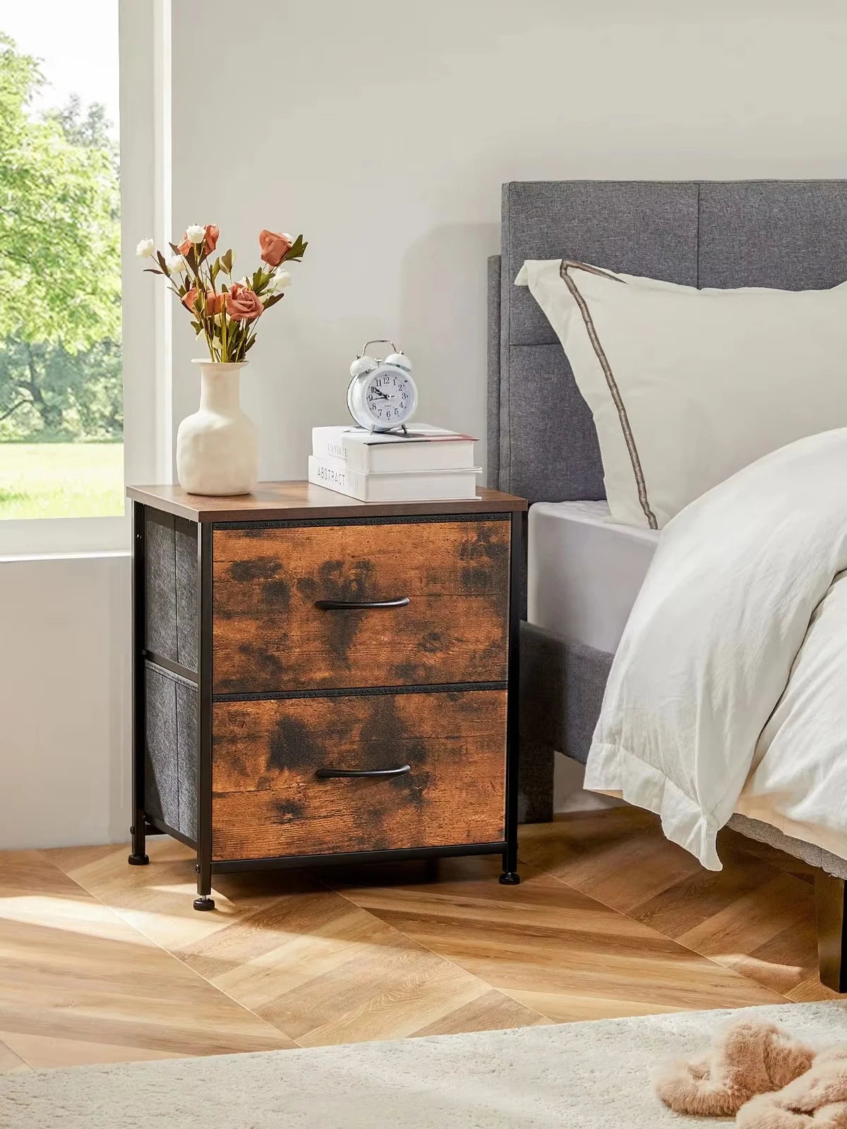 JHK Nightstand Bedside Table With Fabric Drawers Storage Cabinet