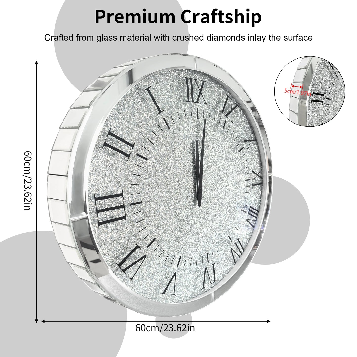 Mirrored Round Wall Clock Crystal Diamond Beveled Glass