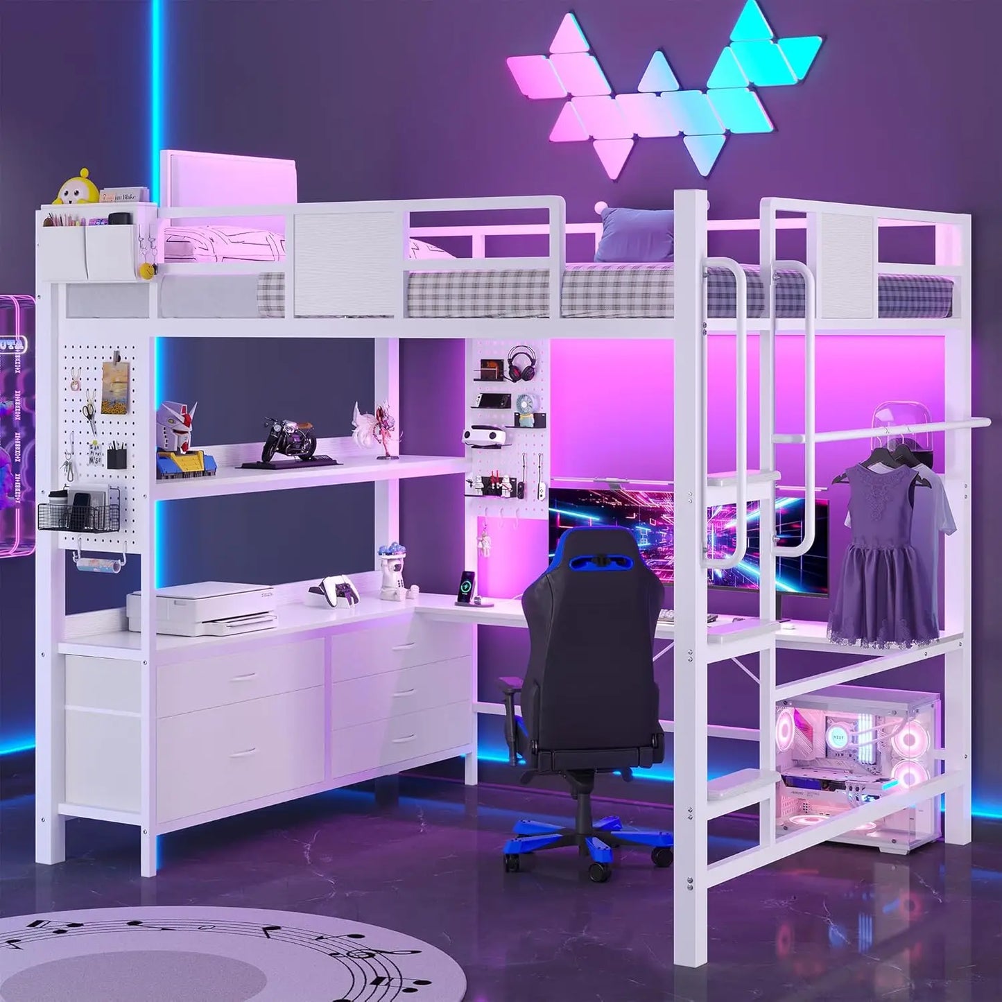 Loft Bed Desk With 5 Drawers Heavy Metal Charging Station and Pegboard