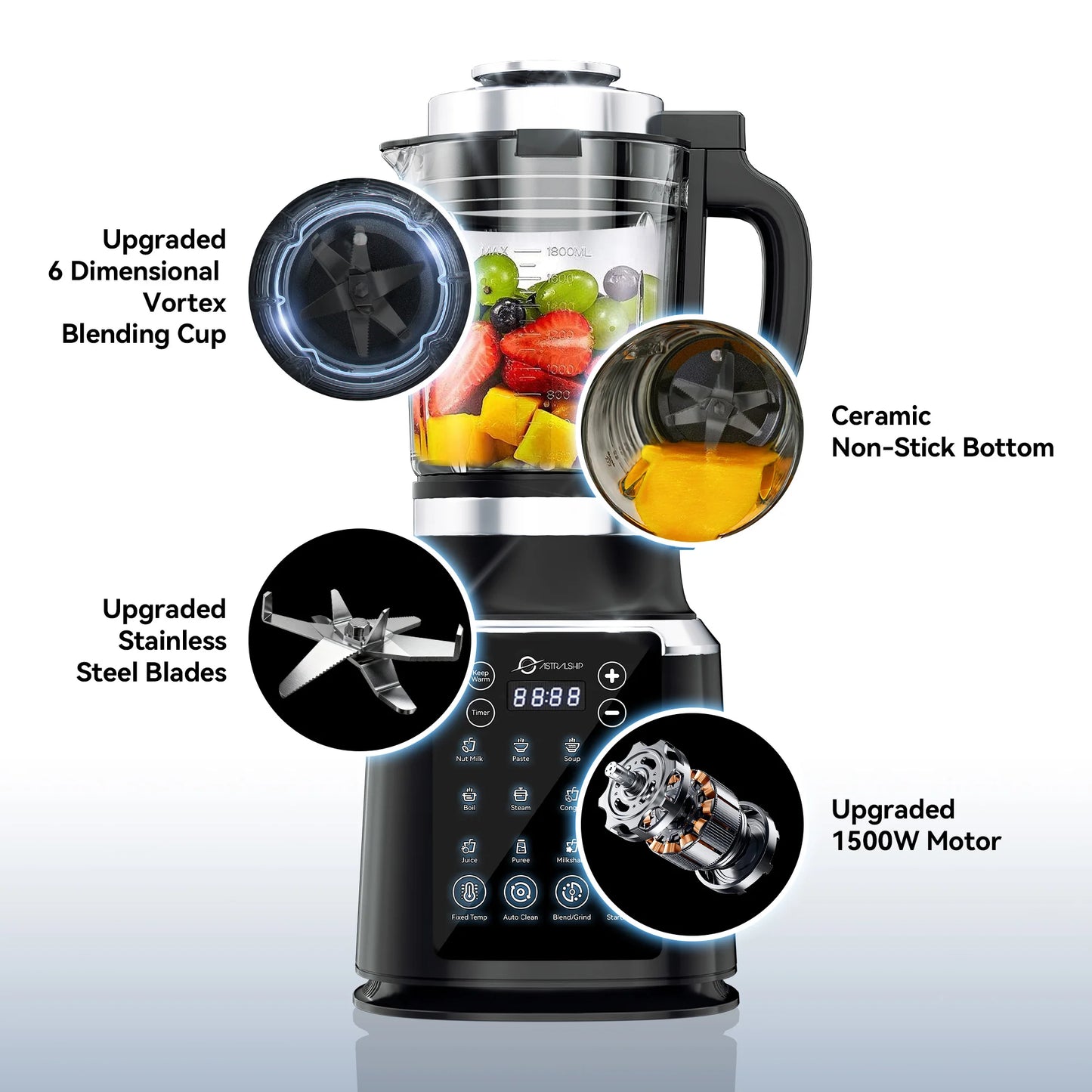 Astralship ASH01-B 1500W High Speed Countertop Blender 14 Presets Auto Clean