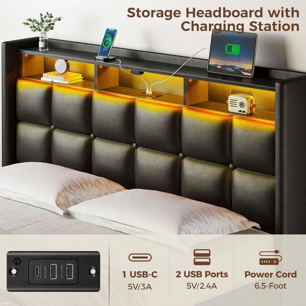 Twin Bed With Illuminated Storage And USB Charging Headboard