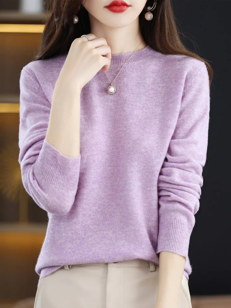 Addonee Merino Wool Women O Neck Sweater Long Sleeve