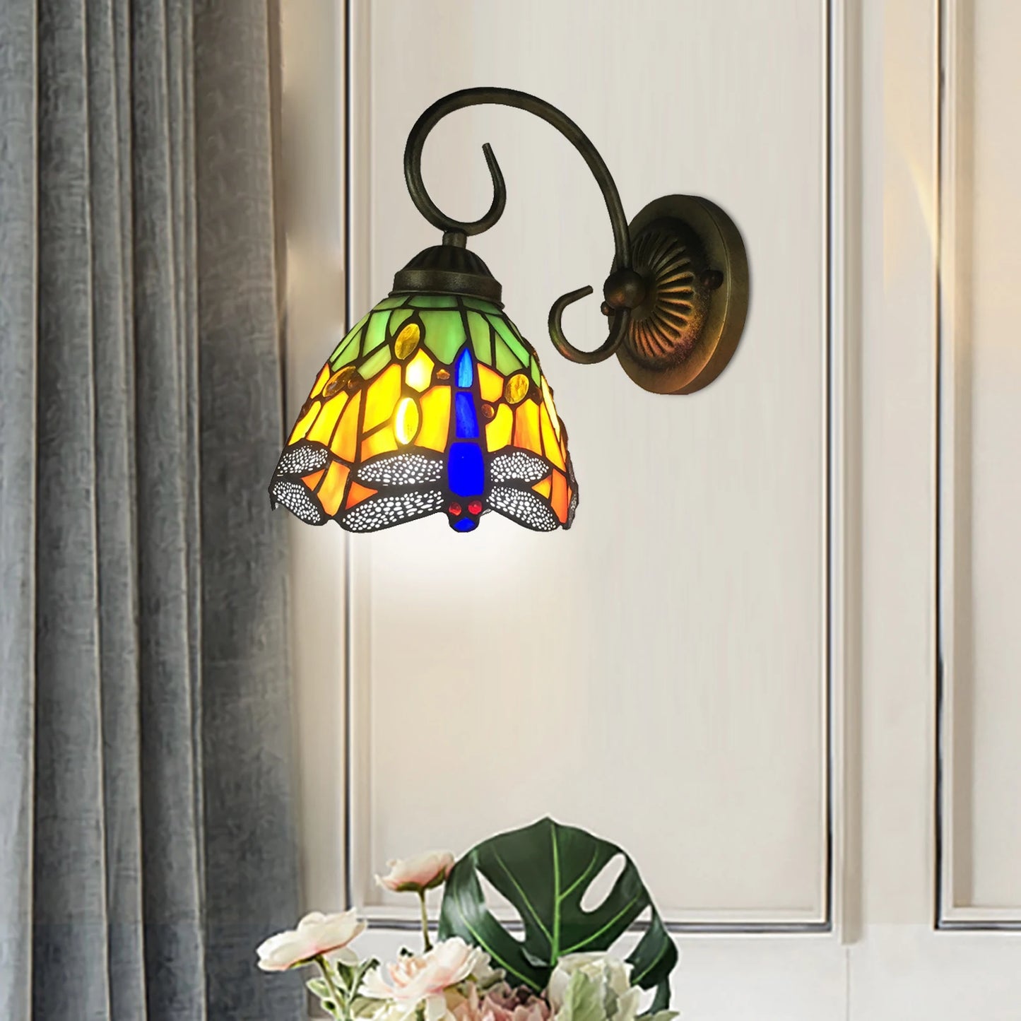 Stained Glass Dragonfly Wall Light Sconce E27 Holder