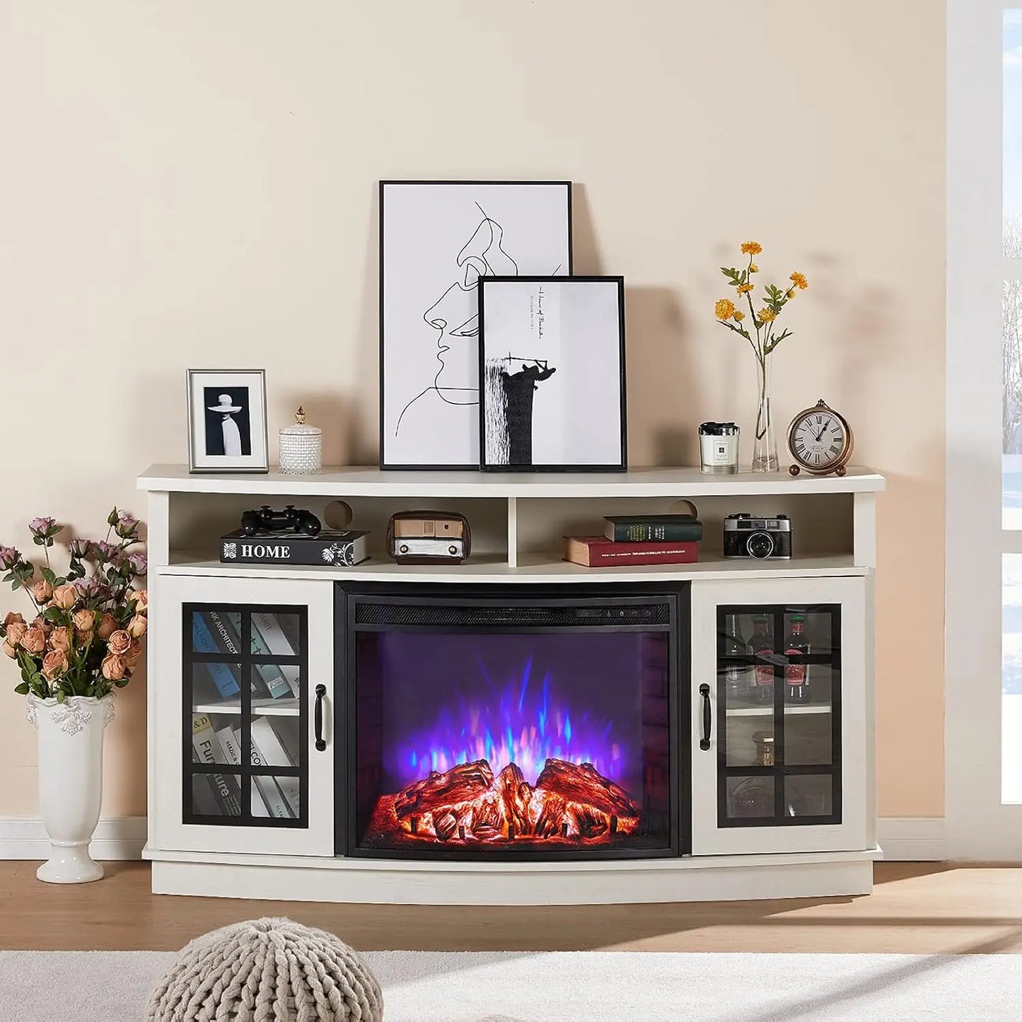 Curved TV Console Cabinet With Electric Fireplace And Media Storage