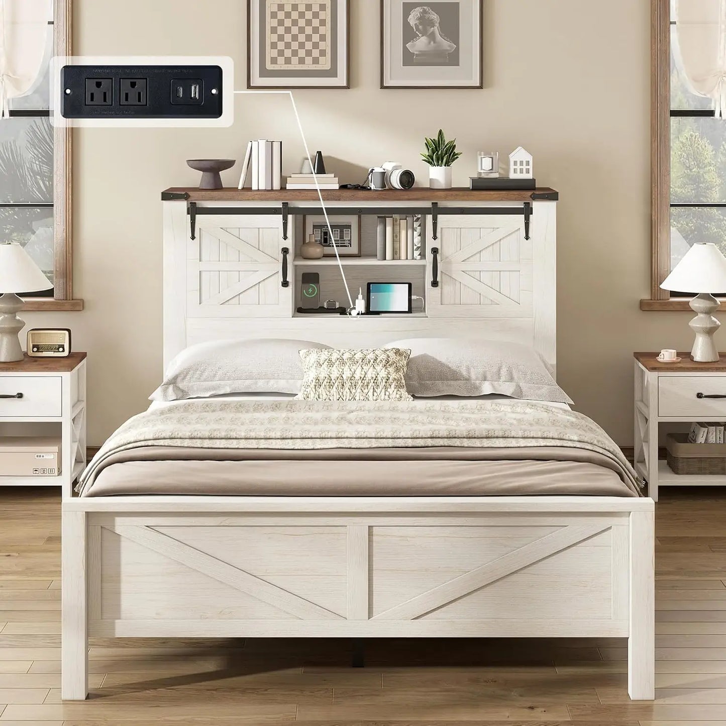 Rustic Wood Storage Bed Frame With Full Bookcase Headboard And Charging Station