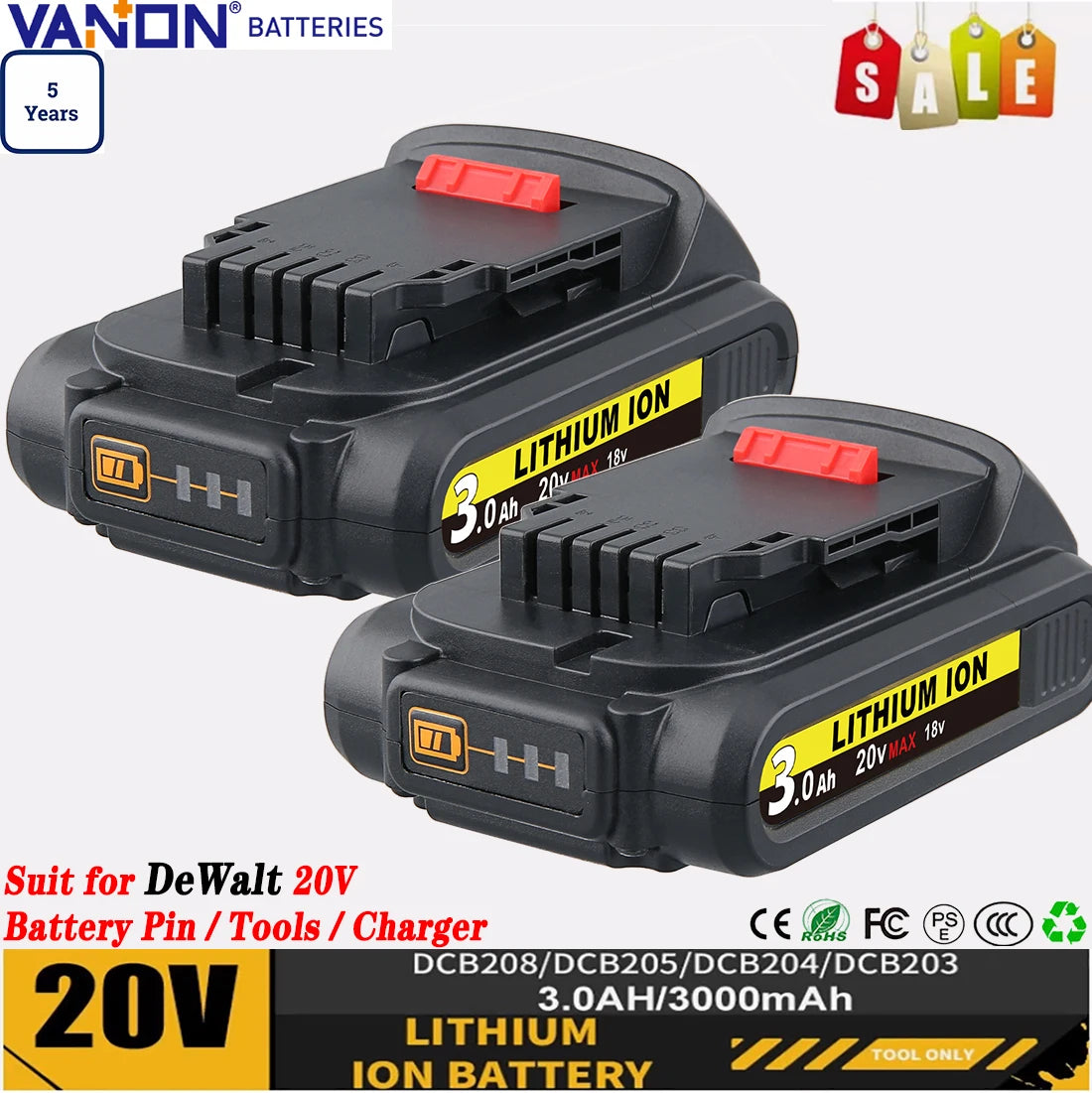 VANON 3Ah DCB201 LiIon Battery For Dewalt 20V Tools