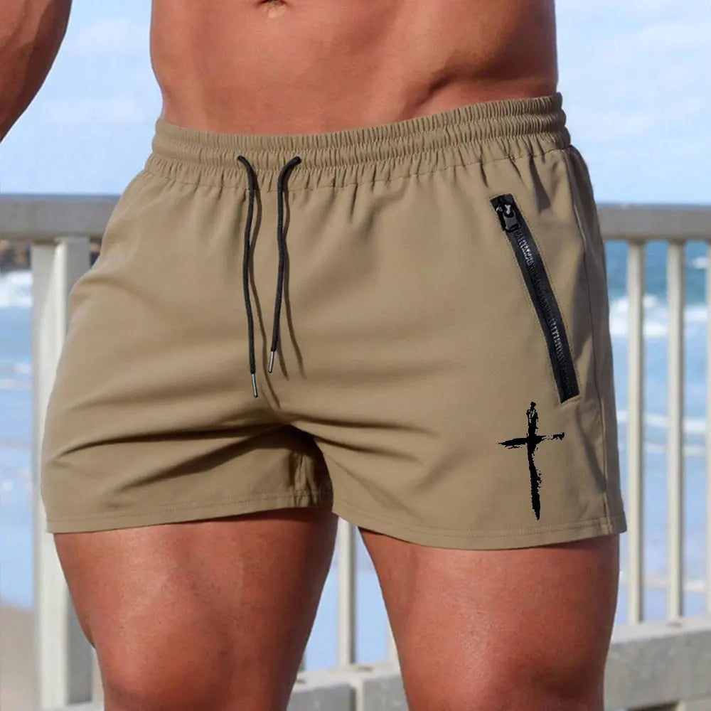 CN Men Cross Print Beach Shorts Quick Dry Zipper Pockets