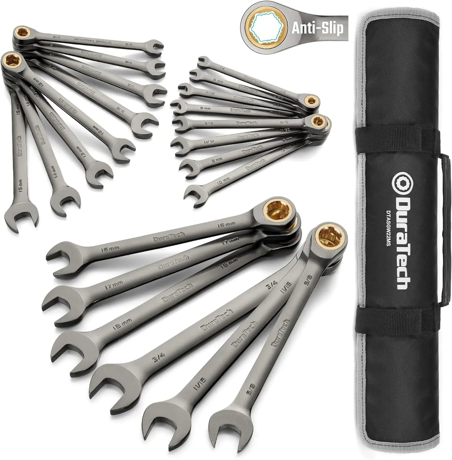 Anti-Slip Ratcheting Wrench Set 22-Piece Metric and SAE CRV Steel