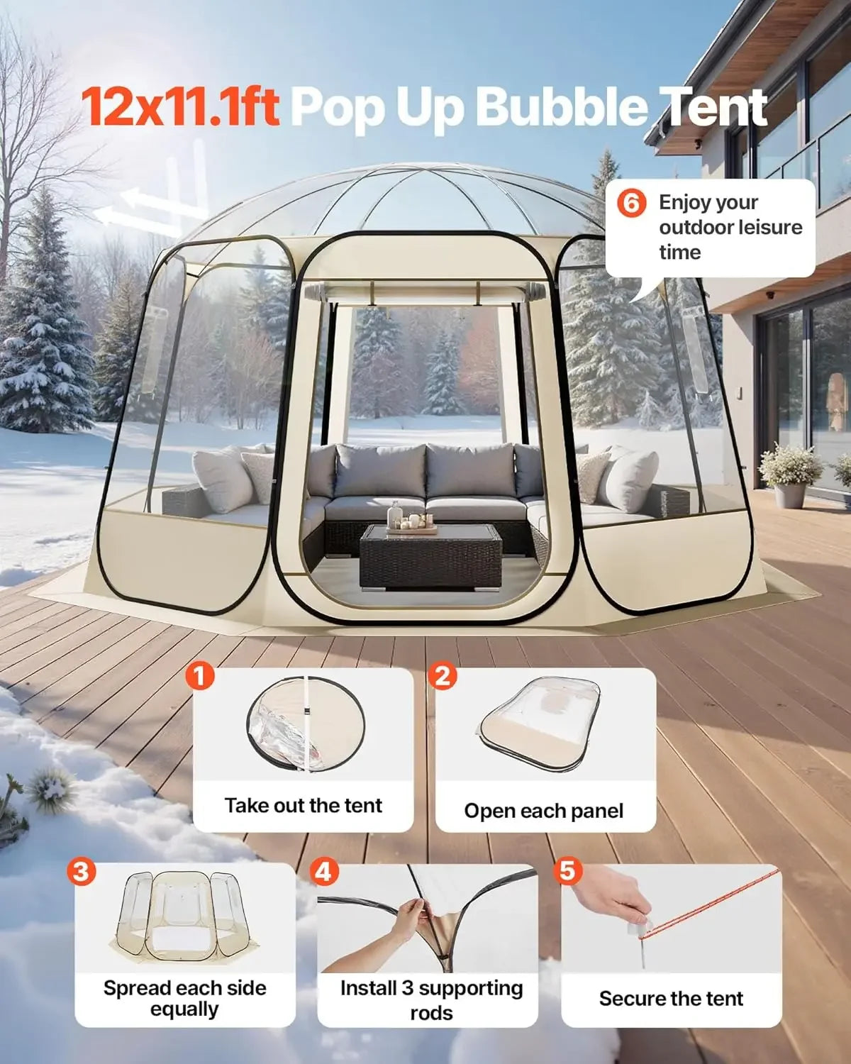 Waterproof UV-Resistant Clear Dome Igloo Camping Tent With Panoramic Windows