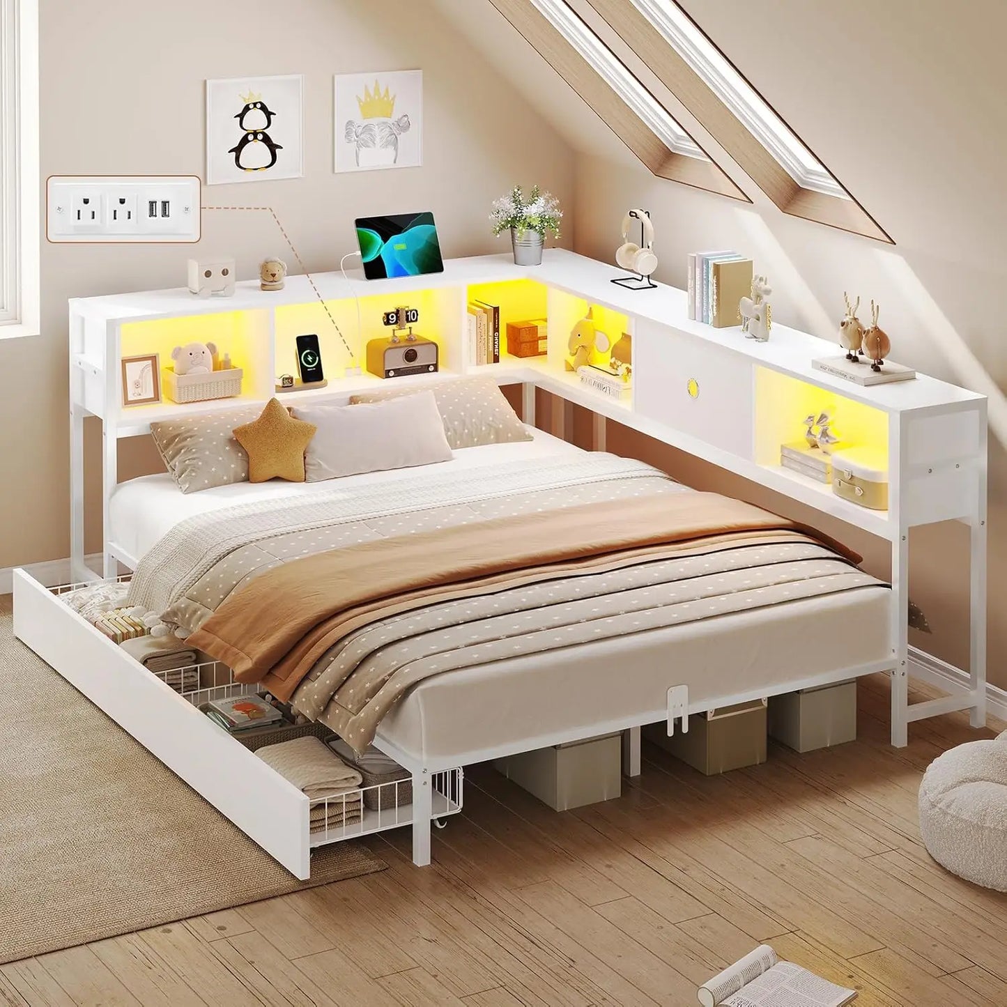 Corner Bed Frame With LED Bookcase Storage And Charging Station
