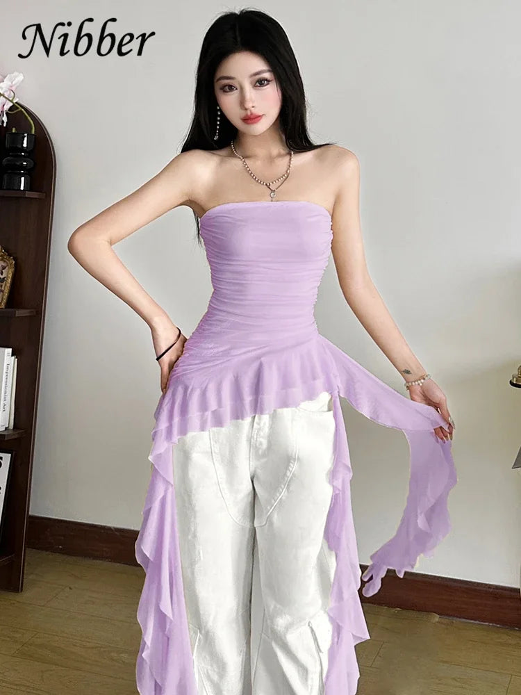 Nibber Tassel Vest Women Ruched Chest Wrap Cotton Blend