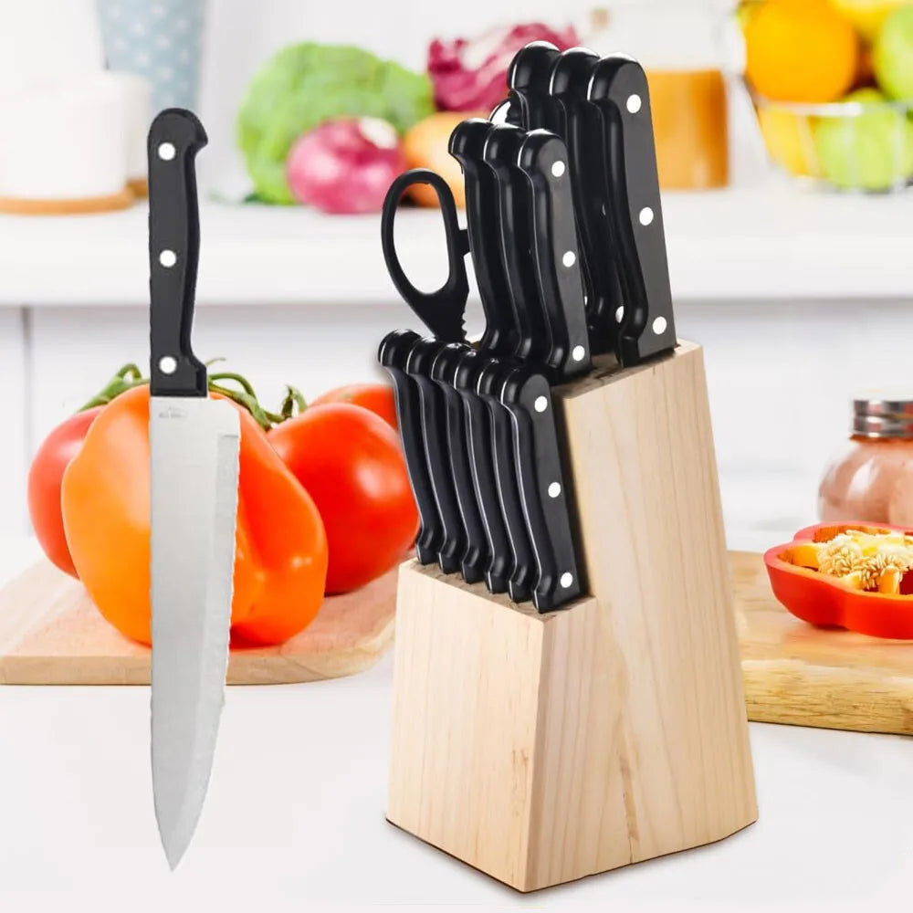 ZENG Kitchen Knife Set 15pcs With Solid Wood Holder