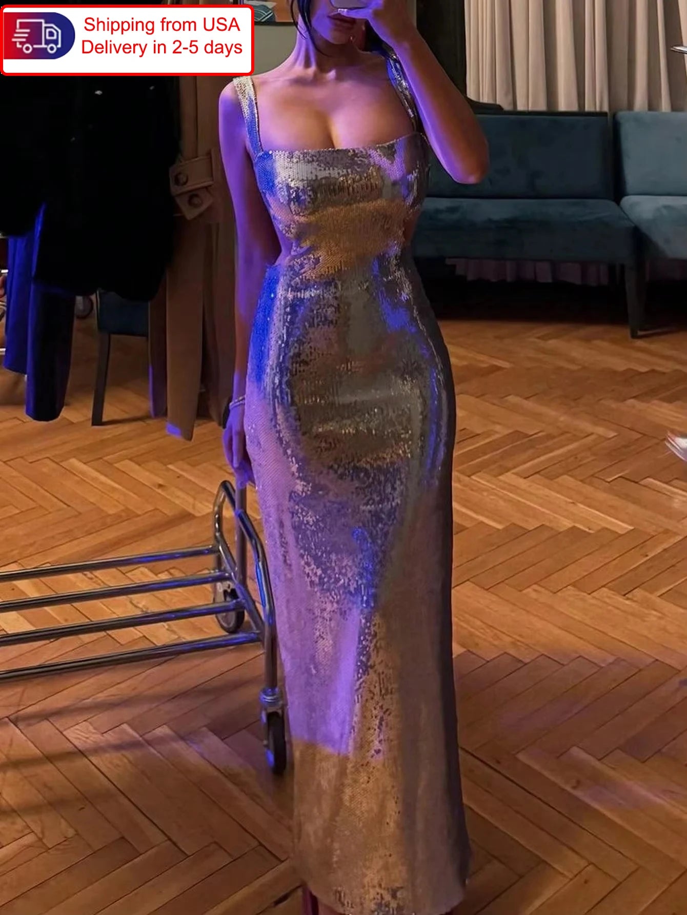 Sequined Floor Length Backless Elegant Evening Gown For Women